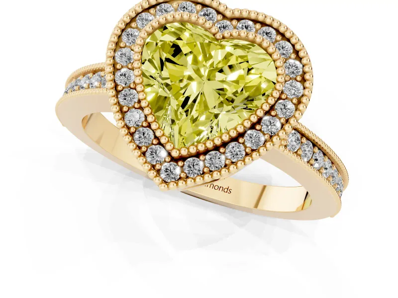 Fancy Yellow Heart Cut Diamond Round Halo Ring Set in Yellow gold with Pavé Band