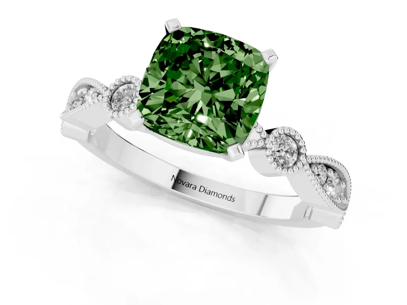 Fancy Green Cushion Cut Diamond Solitaire Engagement Ring Set in Silver with Milgrain Bezel Accent Band