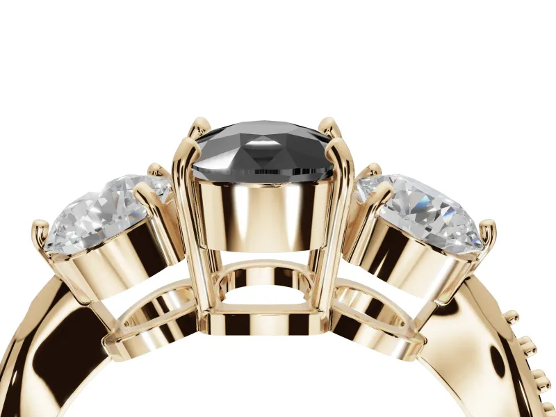 Cushion Cut Three Stone Engagement Ring Setting for a Black Center | Tapered Pavé Band | Yellow Gold