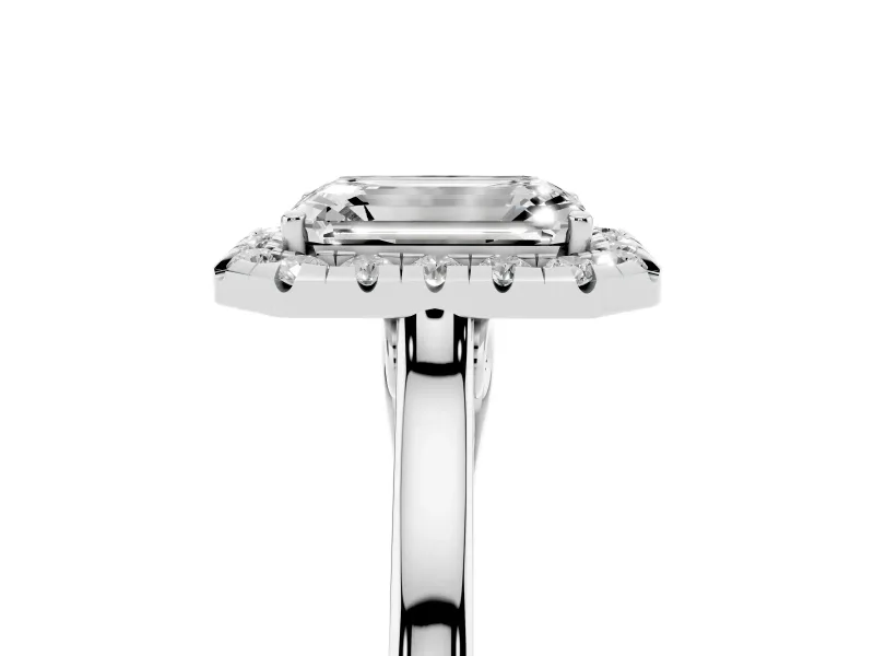 Emerald Cut Halo Round Diamond Solitaire Ring Set in Platinum with Pavé Band and Prong Setting
