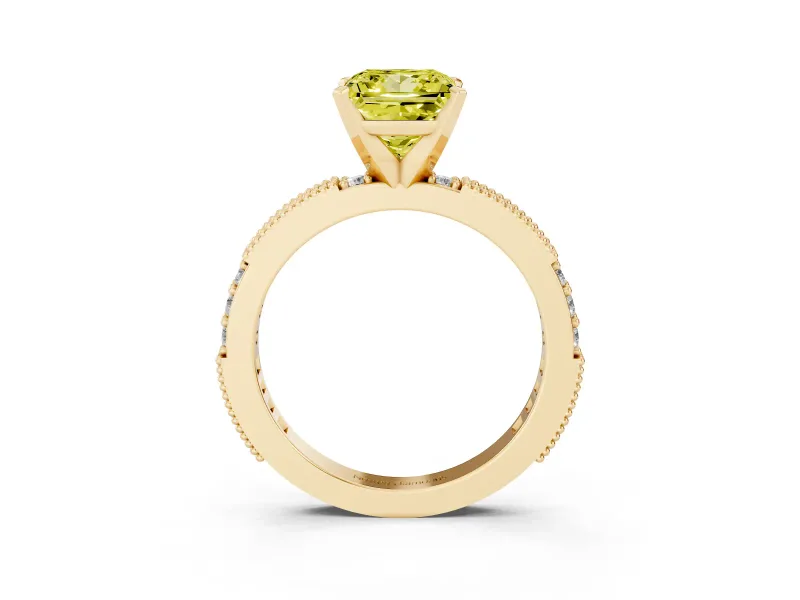 Fancy Yellow Princess Cut Diamond Solitaire Ring Set in Yellow gold with Slim Pavé Band and Prong Setting