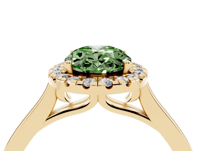 Fancy Green Oval Cut Halo Round Diamond Solitaire Ring Set in Yellow gold with Pavé Band and Prong Setting
