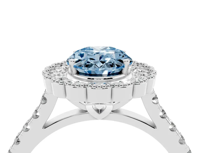 Fancy Blue Oval Cut Diamond Milgrain Floral Halo Engagement Ring Set in White gold with Pavé Band