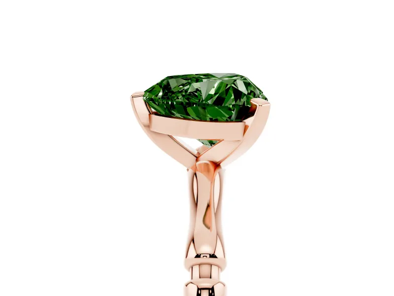 Fancy Green Heart Cut Diamond Solitaire Ring Set in Rose gold with Bamboo Band and Prong Setting