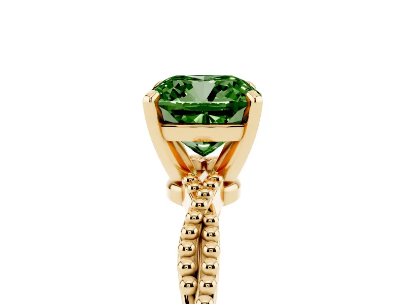 Fancy Green Cushion Cut Diamond Solitaire Ring Set in Yellow gold with Twisted Band and Bead Prong Setting
