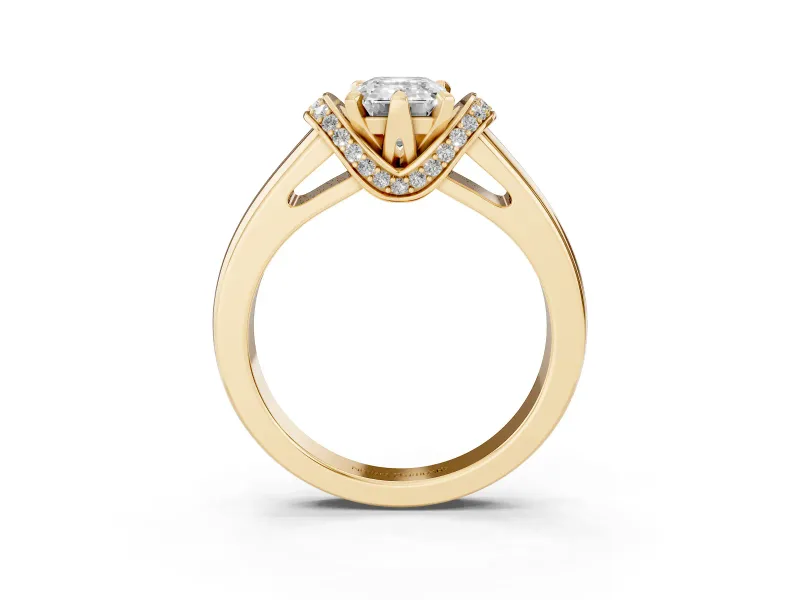 Emerald Cut Pavé Collar Solitaire Engagement Ring Setting | Wide Polished Band | Yellow Gold