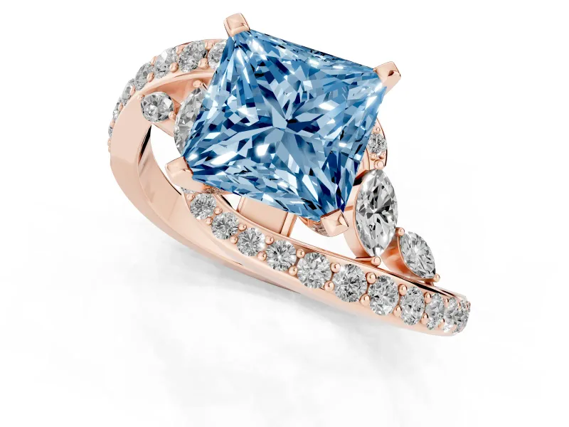 Fancy Blue Princess Cut Diamond Solitaire Ring Set in Rose gold with Pavé Twist Band and Secure Prong Setting