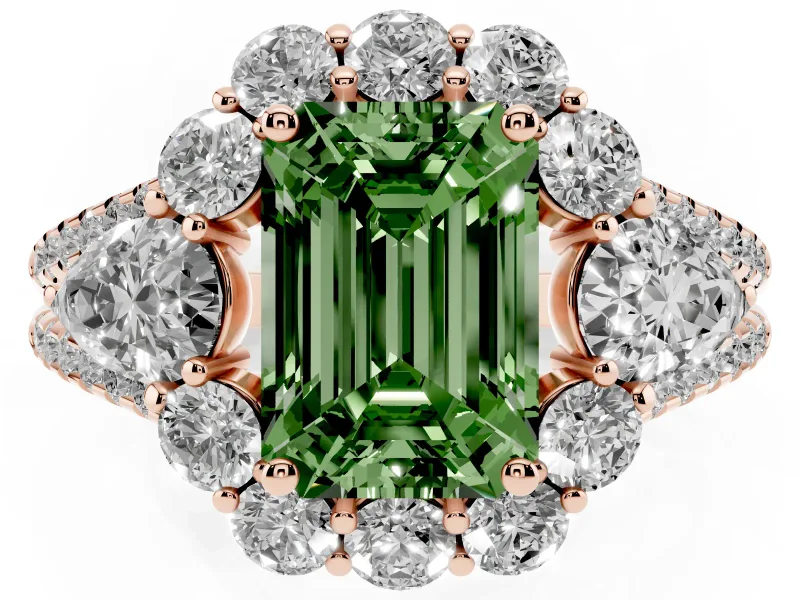 Fancy Green Emerald Cut Diamond Halo Split Shank Engagement Ring Set in Rose gold with Prong-Held Center Stone