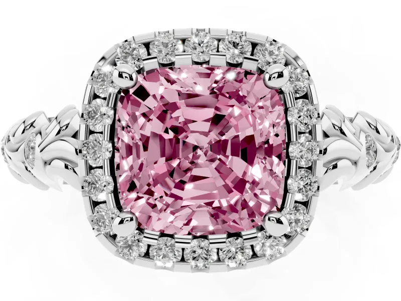 Cushion Cut Leaf Halo Engagement Ring Setting for a Fancy Pink Lab-Grown Diamond | Bezel Accents | Sterling Silver