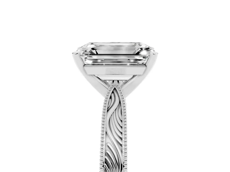 Emerald Cut Engraved Solitaire Engagement Ring Setting | Milgrain Edges | Platinum
