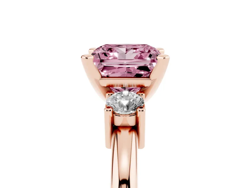 Fancy Pink Three-Stone Princess Cut Diamond Ring Set in Rose gold with Prong Setting and Plain Band
