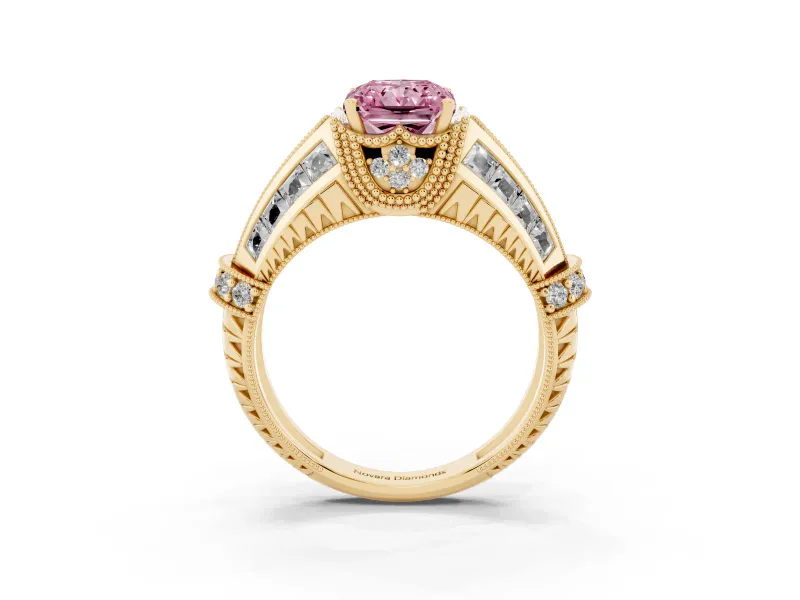 Radiant Cut Vintage Milgrain Engagement Ring Setting for a Fancy Pink Lab-Grown Diamond | Hidden Halo | Yellow Gold