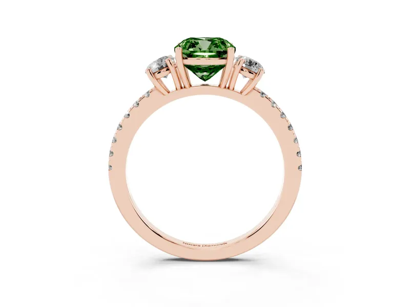 Cushion Cut Three Stone Engagement Ring Setting for a Fancy Green Lab-Grown Diamond | Pave Shoulders | Rose Gold