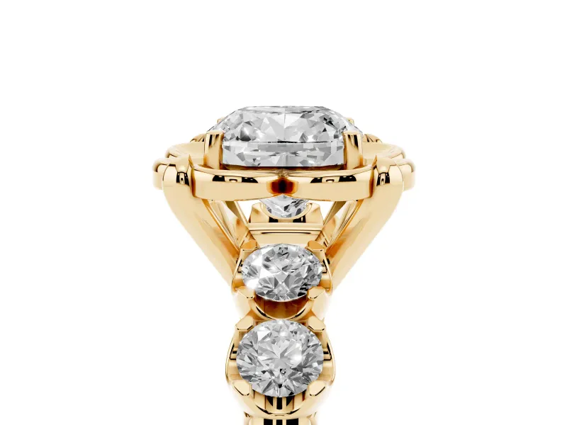Cushion Cut Floral Engagement Ring Setting | Petal Frame and Side Stones | Yellow Gold