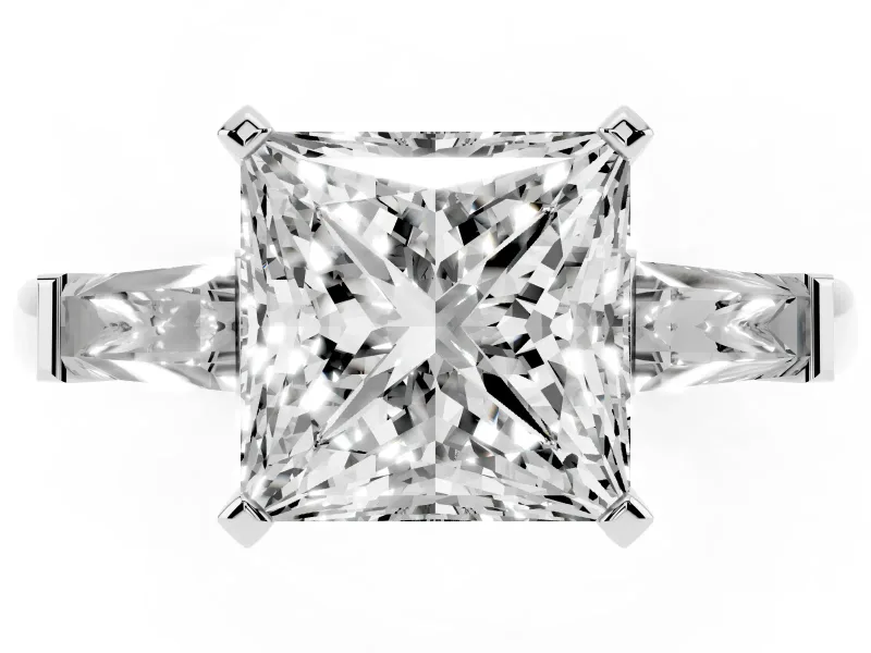 Princess Cut Three Stone Engagement Ring Setting | Tapered Baguettes | Sterling Silver