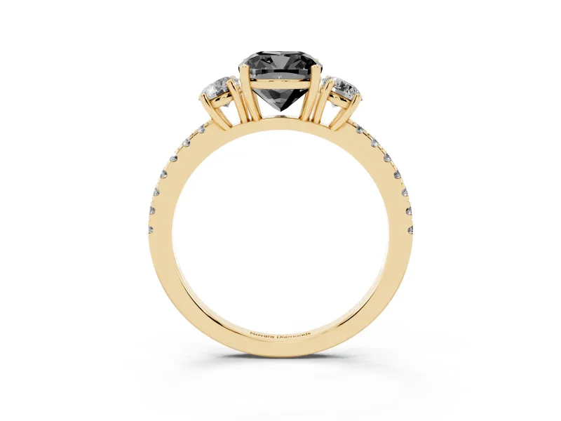 Cushion Cut Three Stone Engagement Ring Setting for a Black Center | Pavé Shoulders | Yellow Gold