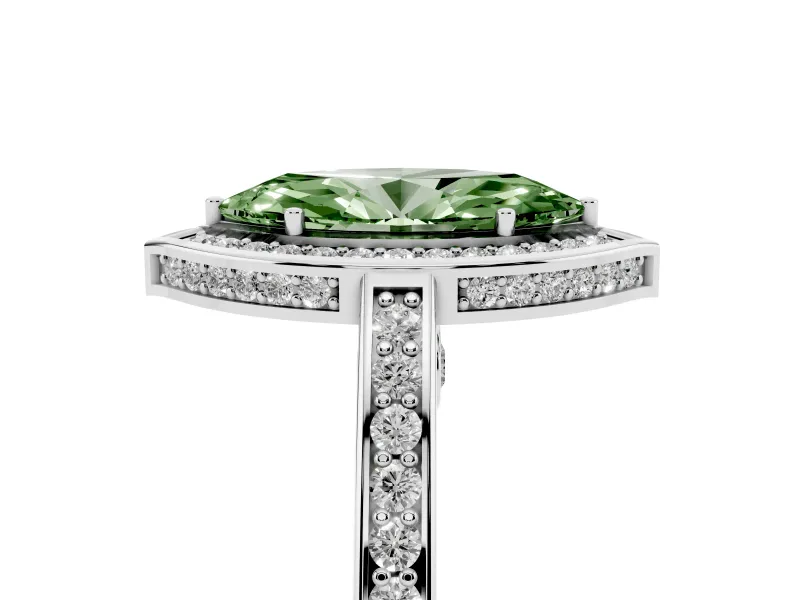 Fancy Green Marquise Cut Diamond Halo Pavé Split Shank Ring Set in White gold with Prong Setting