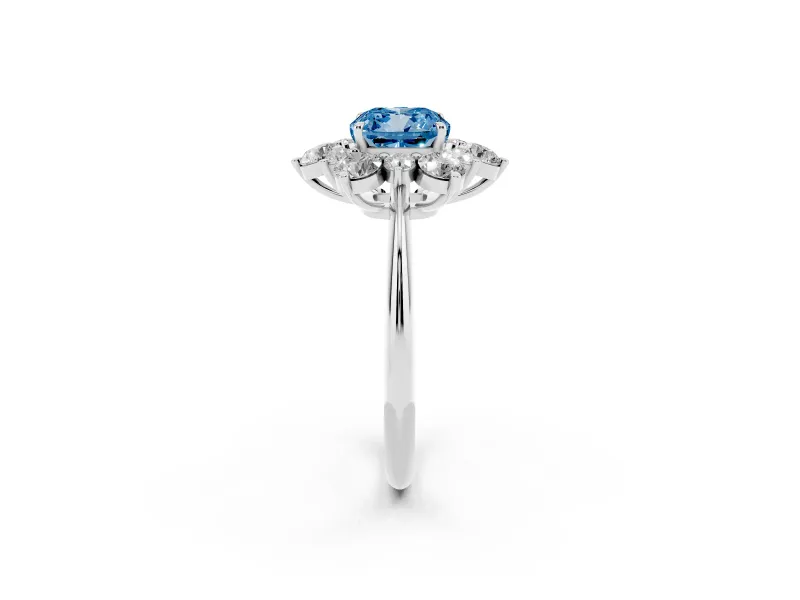 Cushion Cut Cluster Halo Engagement Ring Setting for a Fancy Blue Lab-Grown Diamond | Two-Size Accents | Sterling Silver