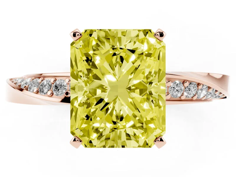 Fancy Yellow Radiant Cut Diamond Engagement Ring Set in Rose gold with Side Stone Accents and Prong Setting