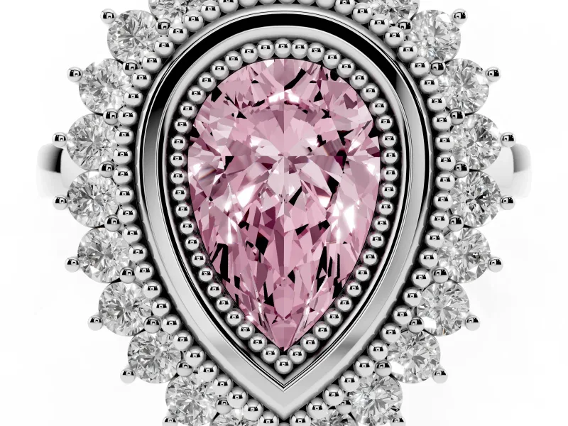 Fancy Pink Pear Cut Diamond Halo Ring Set in Platinum with Milgrain Edge and Round Prong Setting
