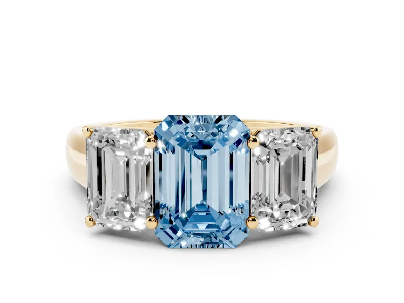 Fancy Blue Emerald Cut Diamond Three-Stone Ring Set in Yellow gold with Plain Polished Band