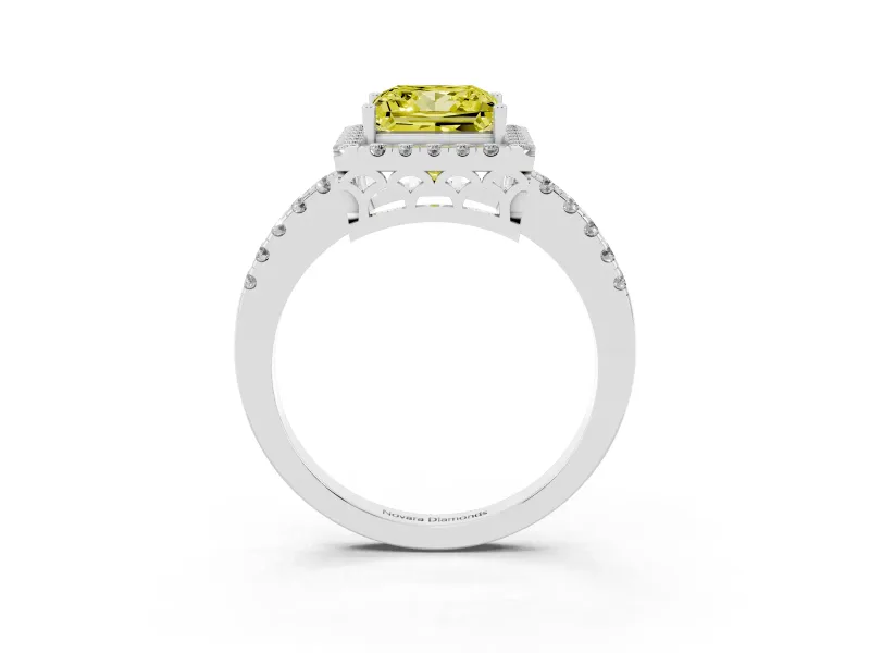 Fancy Yellow Princess Cut Diamond Pavé Band Halo Engagement Ring Set in Platinum with Prong Setting