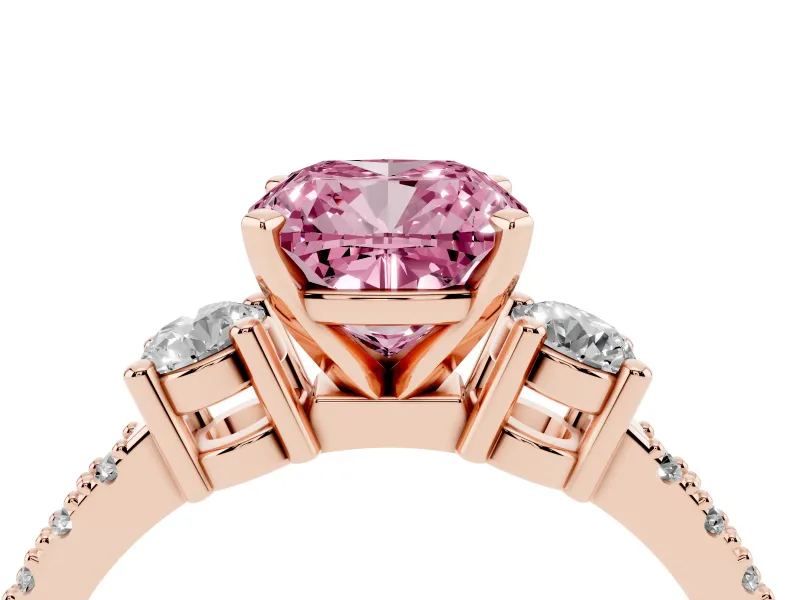 Cushion Cut Three Stone Pavé Engagement Ring Setting for a Fancy Pink Lab-Grown Diamond | Round Side Stones | Rose Gold