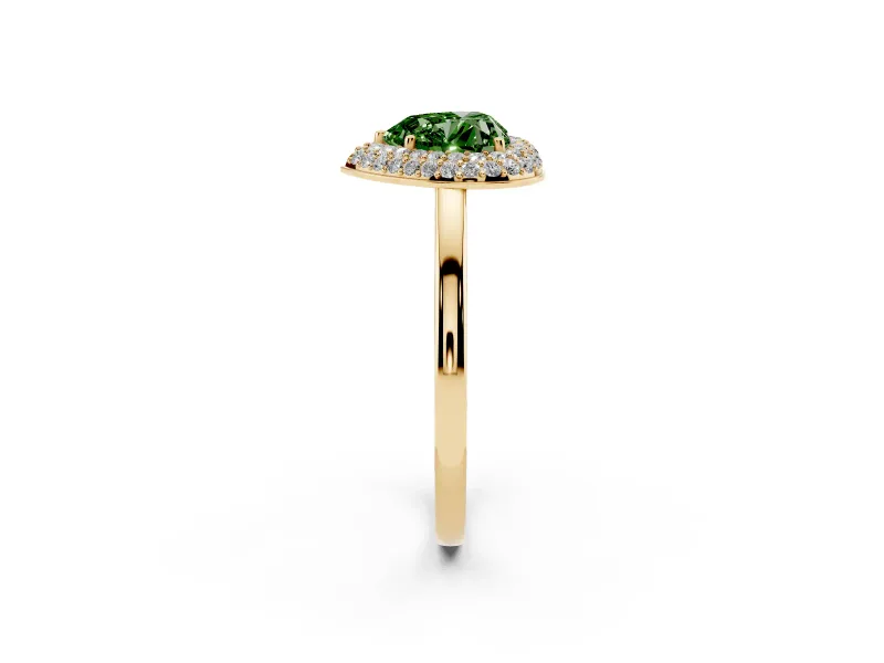 Fancy Green Heart Cut Diamond Halo Engagement Ring Set in Yellow gold with Solitaire Band and Prong Setting