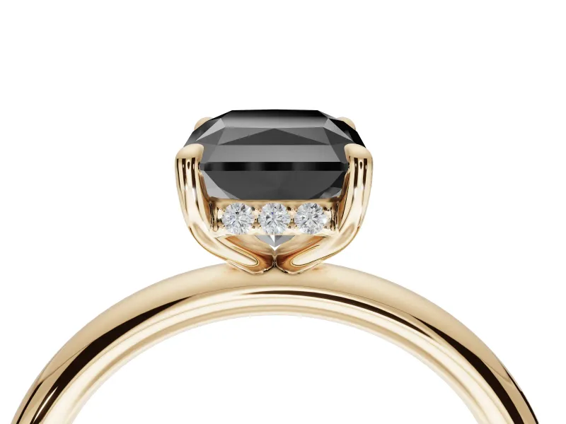 Radiant Cut Hidden Halo Engagement Ring Setting for a Black Center | Thin Plain Band | Yellow Gold