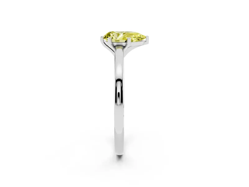 Fancy Yellow Pear Cut Diamond Solitaire Engagement Ring Set in White gold with Prong Setting on a Classic Band