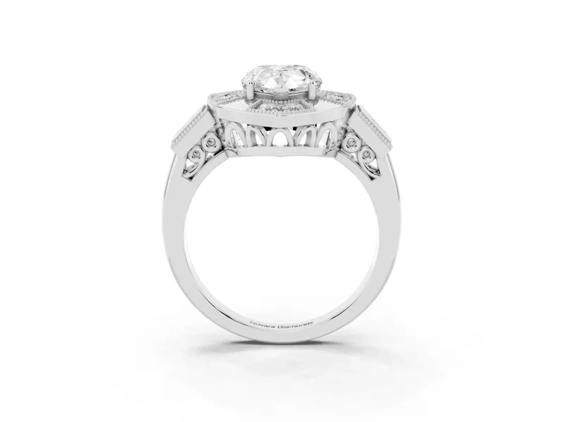 Pear Cut Diamond Milgrain Halo Ring Set in Silver with Split Shank