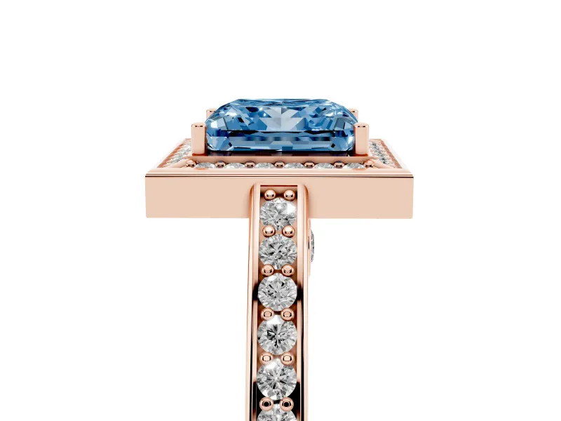 Fancy Blue Princess Cut Diamond Halo Pavé Split Shank Ring Set in Rose gold with Prong Setting