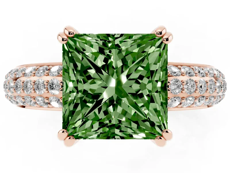 Princess Cut Three Row Pave Engagement Ring Setting for a Fancy Green Lab-Grown Diamond | Rose Gold