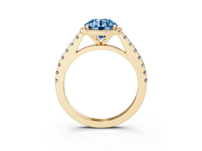 Fancy Blue Round Cut Diamond Halo Engagement Ring Set in Yellow gold with Pavé Band and Prong Setting