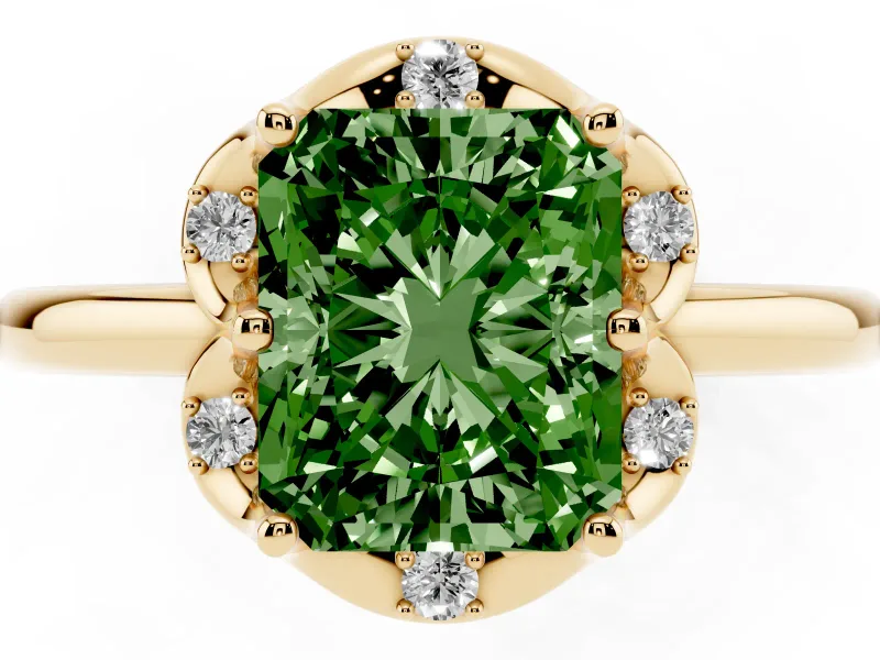 Radiant Cut Petal Halo Engagement Ring Setting for a Fancy Green Lab-Grown Diamond | Yellow Gold
