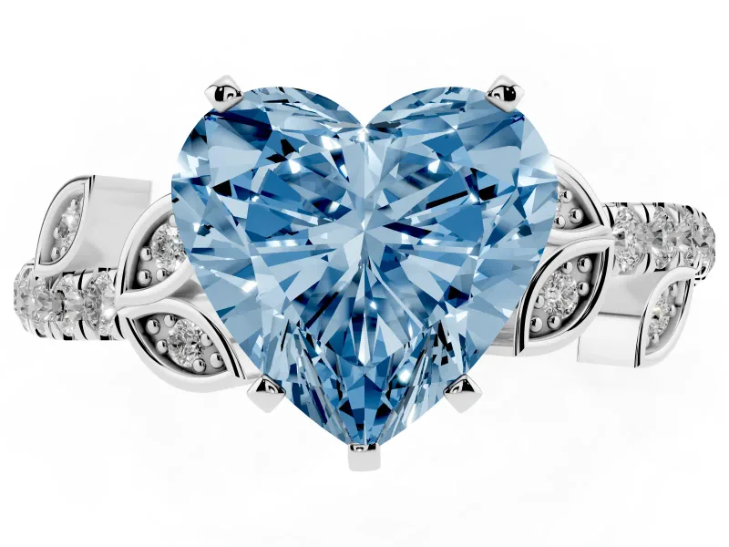 Fancy Blue Heart Cut Diamond Solitaire Leaf-Inspired Ring Set in Silver with Pavé Band and Prong Setting