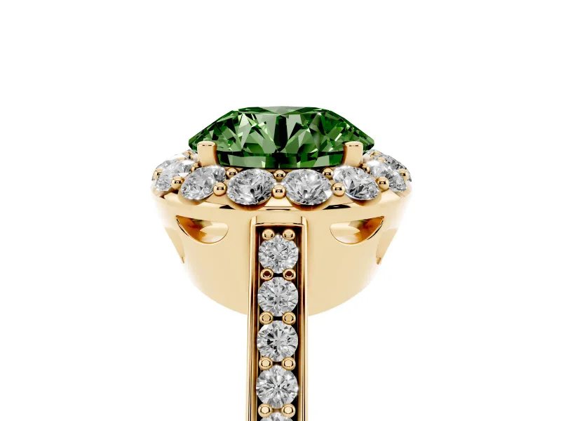 Fancy Green Round Cut Diamond Floral Halo Ring Set in Yellow gold with Pavé Band and Prong Setting