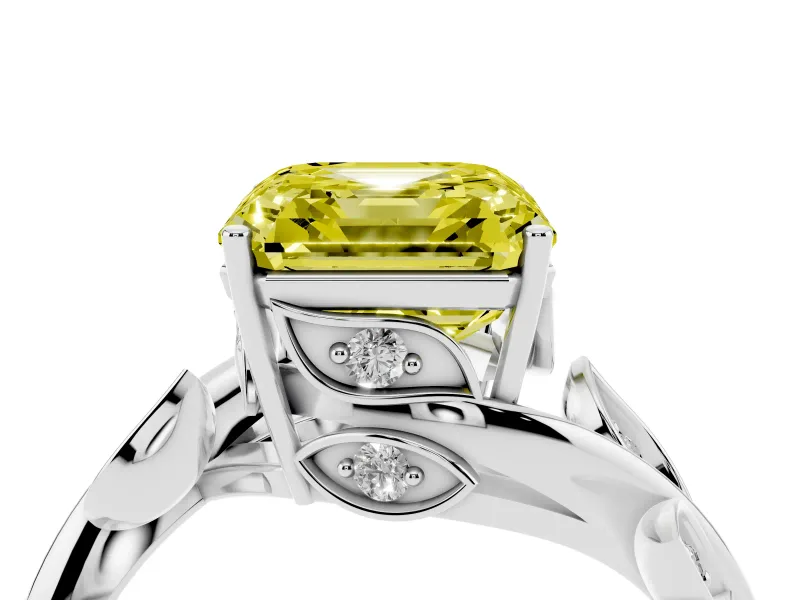 Asscher Cut Twisted Bypass Engagement Ring Setting for a Fancy Yellow Lab-Grown Diamond | Leaf Vine | Sterling Silver