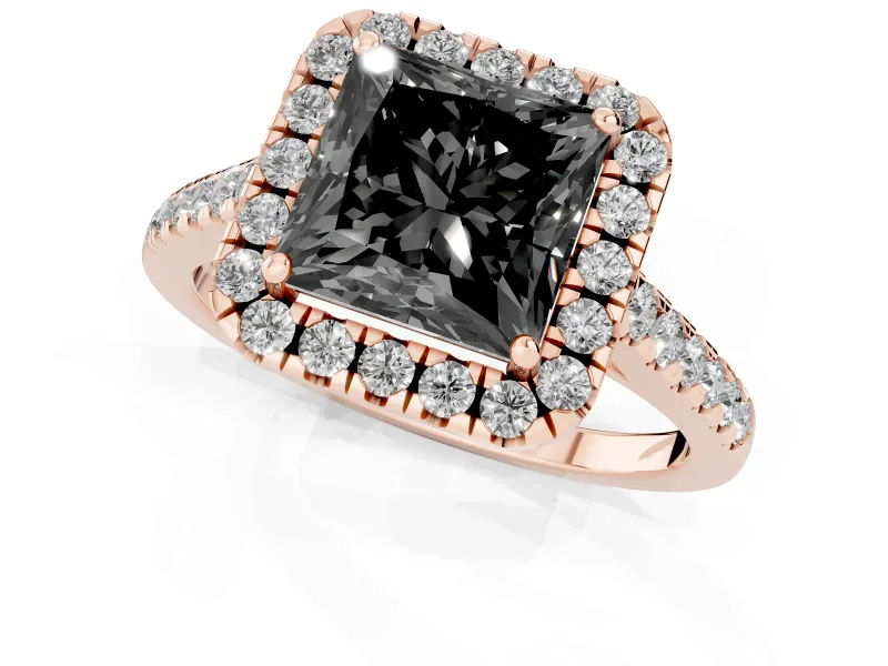 Princess Cut Halo Engagement Ring Setting for a Black Center | Pavé Shoulders | Rose Gold
