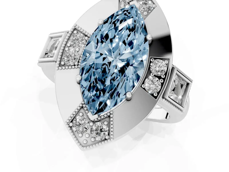 Fancy Blue Marquise Cut Diamond Milgrain Halo Ring Set in White gold with Split Shank