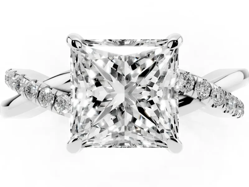 Princess Cut Diamond Twist Band Solitaire Set in Platinum with Pavé Accents and Prong Setting