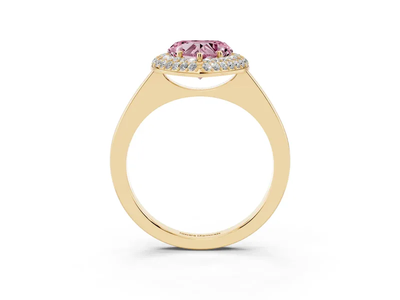 Fancy Pink Heart Cut Diamond Halo Engagement Ring Set in Yellow gold with Solitaire Band and Prong Setting