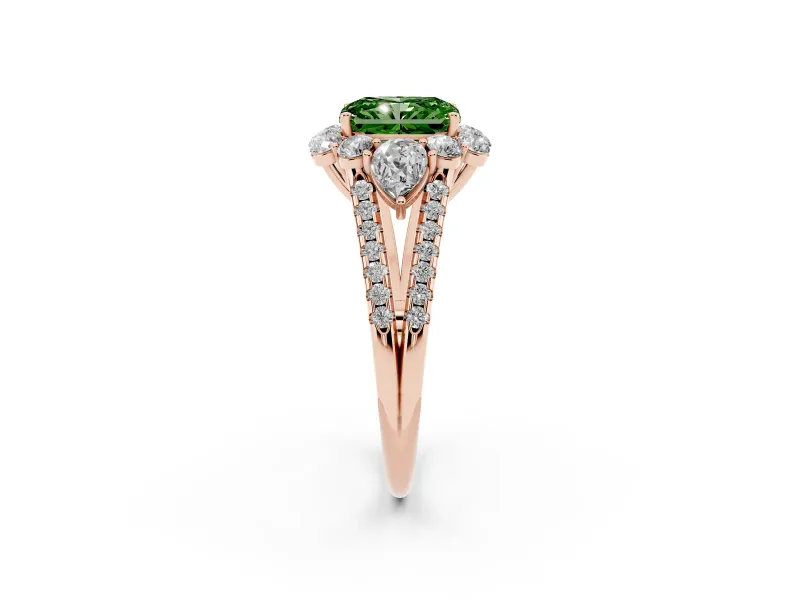 Fancy Green Radiant Cut Diamond Halo Split Shank Engagement Ring Set in Rose gold with Prong-Held Center Stone