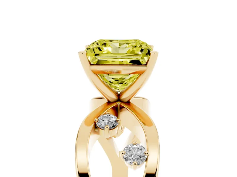 Fancy Yellow Princess Cut Diamond Solitaire Ring Set in Yellow gold with Side Stones on Criss-Cross Band and Prong Setting
