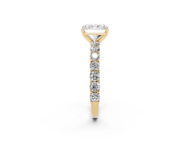 Radiant Cut Shared Prong Engagement Ring Setting | Two-Row Band | Yellow Gold