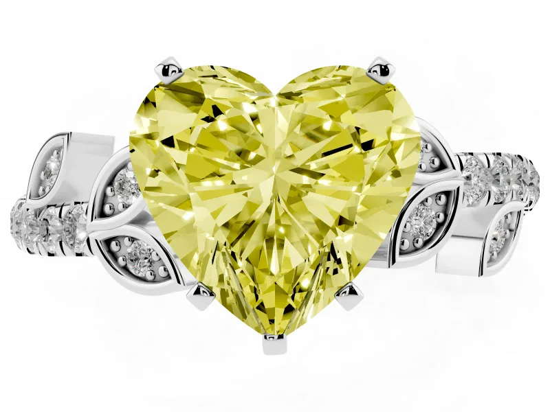 Fancy Yellow Heart Cut Diamond Solitaire Leaf-Inspired Ring Set in White gold with Pavé Band and Prong Setting