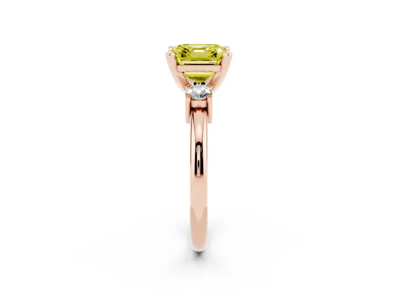 Asscher Cut Three Stone Engagement Ring Setting for a Fancy Yellow Lab-Grown Diamond | Round Side Stones | Rose Gold