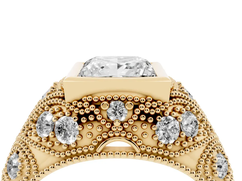Princess Cut Vintage Bezel Engagement Ring Setting | Beaded Paisley Shoulders | Yellow Gold