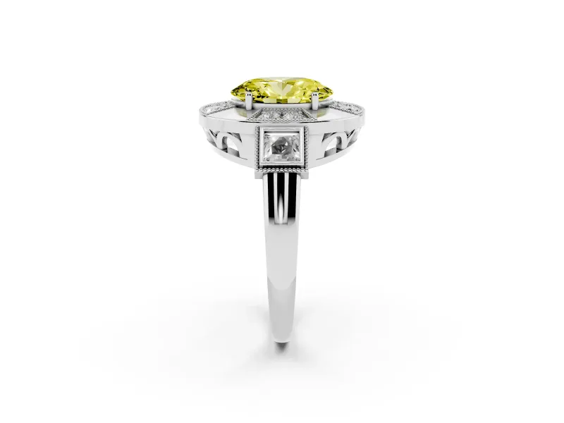 Fancy Yellow Oval Cut Diamond Milgrain Halo Ring Set in Platinum with Split Shank
