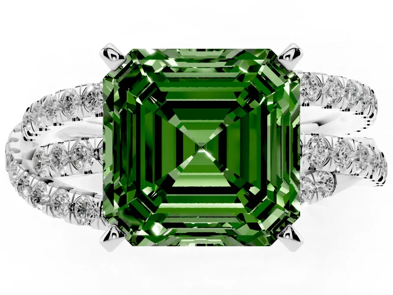 Fancy Green Asscher Cut Diamond Solitaire Twist Band Ring Set in Platinum with Pavé Setting and Prong Head